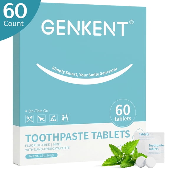 GENKENT Toothpaste Tablets with Hydroxyapatite, Fluoride Free Peppermint Travel Toothpaste, 60 Tablets