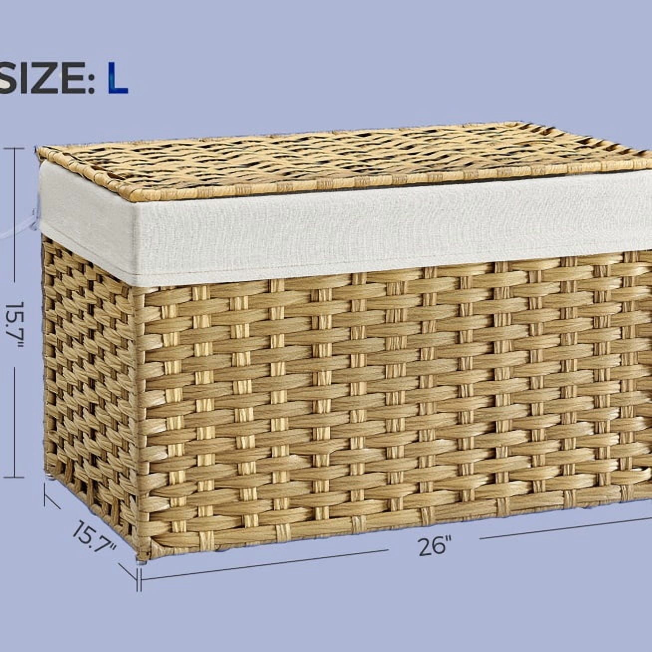 Natural Storage Basket with Lid, 27.7 Gallon (105L) Woven Blanket Bin. Equipped with handles, removable liner, and a metal frame.