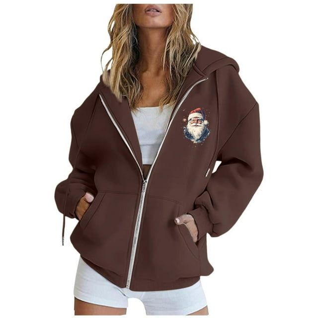 Fermeture à Glissière Chandail à Capuchon Noël Réunion de Famille Col Rond Manches Longues Ensemble 3 Pcs Chandail en Molleton Femme Marron TTTG