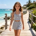 thumbnail image 2 of Outfits for Girls Girls Casual Summer Two Piece Playwear Striped Halter Neck Sleeveless Crop Top with High Waist Shorts Vacation Style White 10 Years, 2 of 7