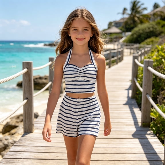 Girls 2 Piece Summer Outfit Striped Halter Crop Top & Elastic Waist Shorts Casual Breathable Clothes for Kids White Size 9-