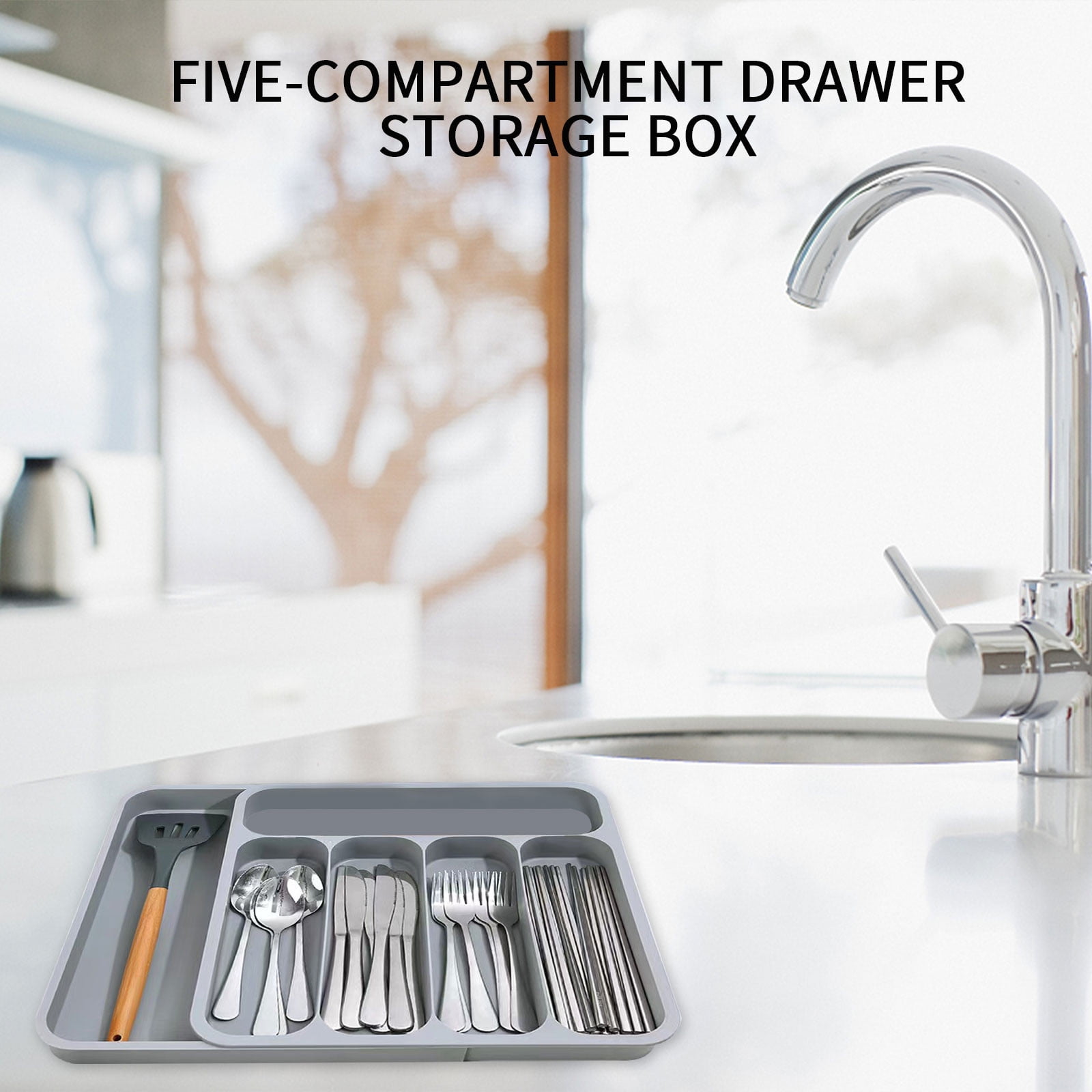 Drawer Organizer for Kitchen Utensils | Silverware Tray with Detachable Sections | Cutlery Storage Box for Spoons Forks Knives | Expandable Plastic Organizer for Home Office Dining Room