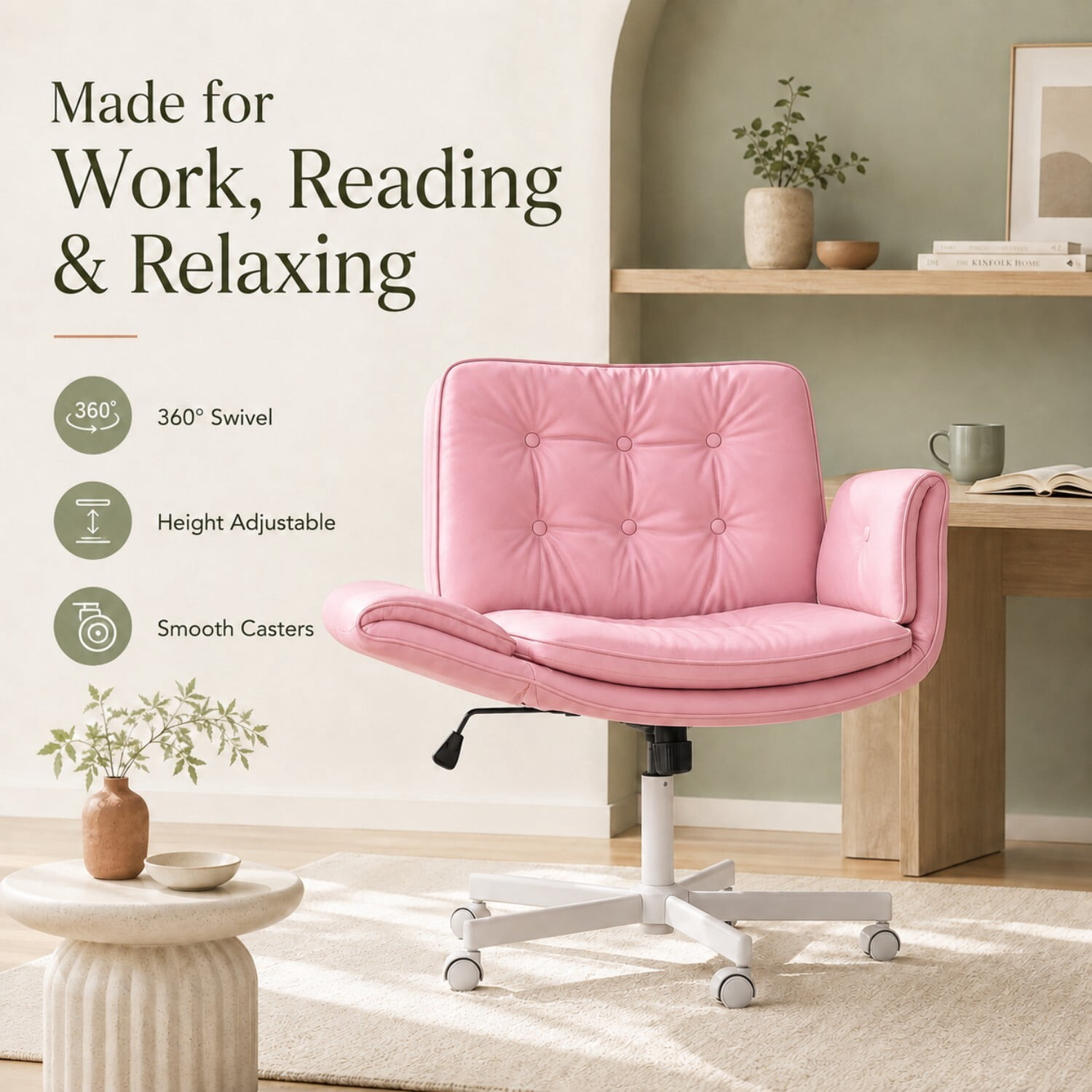 Easy4Home Criss Cross Office Chair with Wheels and Adjustable Armrests, Wide Seat PU Leather Swivel Computer Desk Chair, Pink