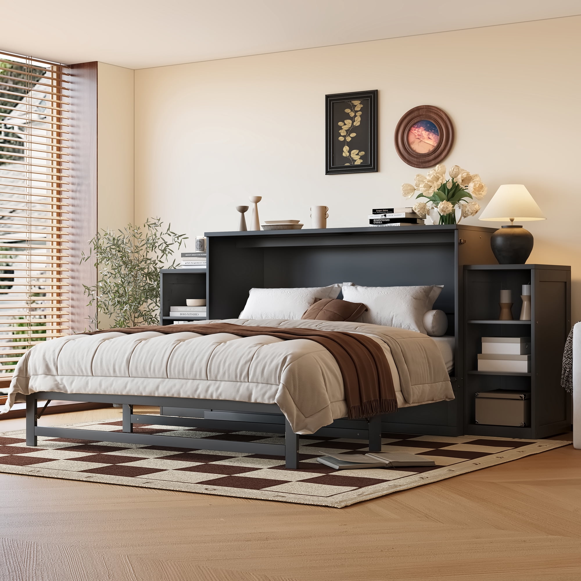Mintazer Queen Size Murphy Bed with 6 Side Shelves & 2 Drawers, Modern Foldable Cabinet Bed for Bedroom Apartment Guest Room, Dark Gray