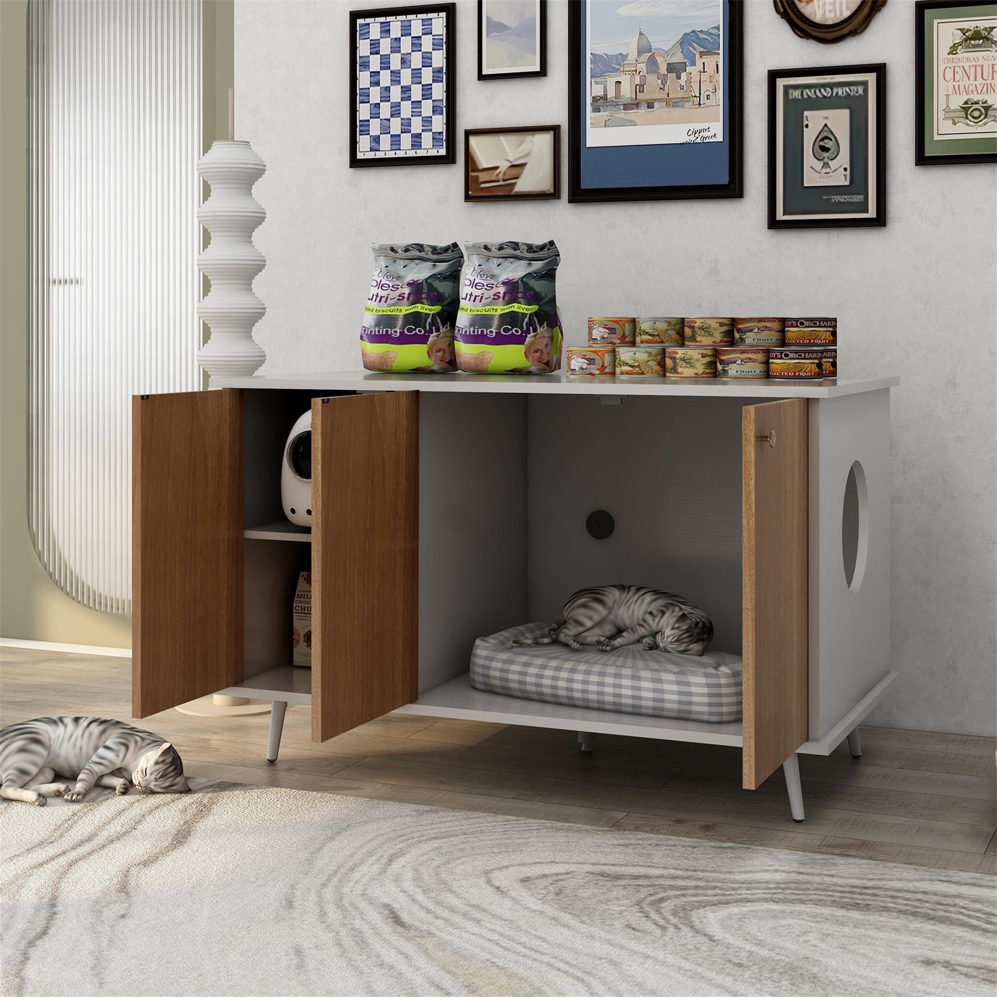 Pefilos 39" Hidden Cat Litter Box Enclosure Furniture, Modern Wood Cat House, Cat Washroom with Plug, White+Brown Pefilos 39" Hidden Cat Litter Box Enclosure Furniture, Modern Wood Cat House, Cat Washroom with Plug, White+Brown