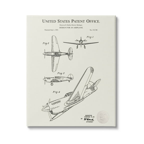 Stupell Industries Aircraft Patent Diagram Chart Graphic Art Gallery Wrapped Canvas Print Wall Art, Design by Karl Hronek