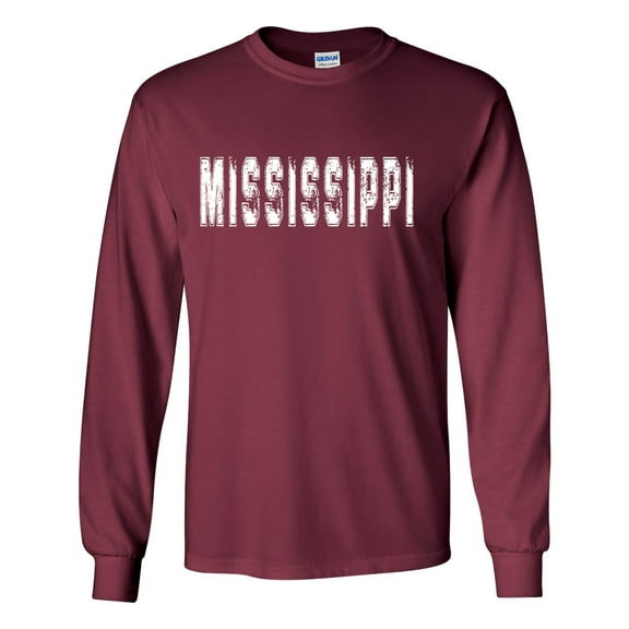 Mississippi Tshirt Football Team Color Maroon and White Distressed Mississippi State Name Bulldogs Mens Long Sleeve T-shirt Graphic Tee-Maroon-small
