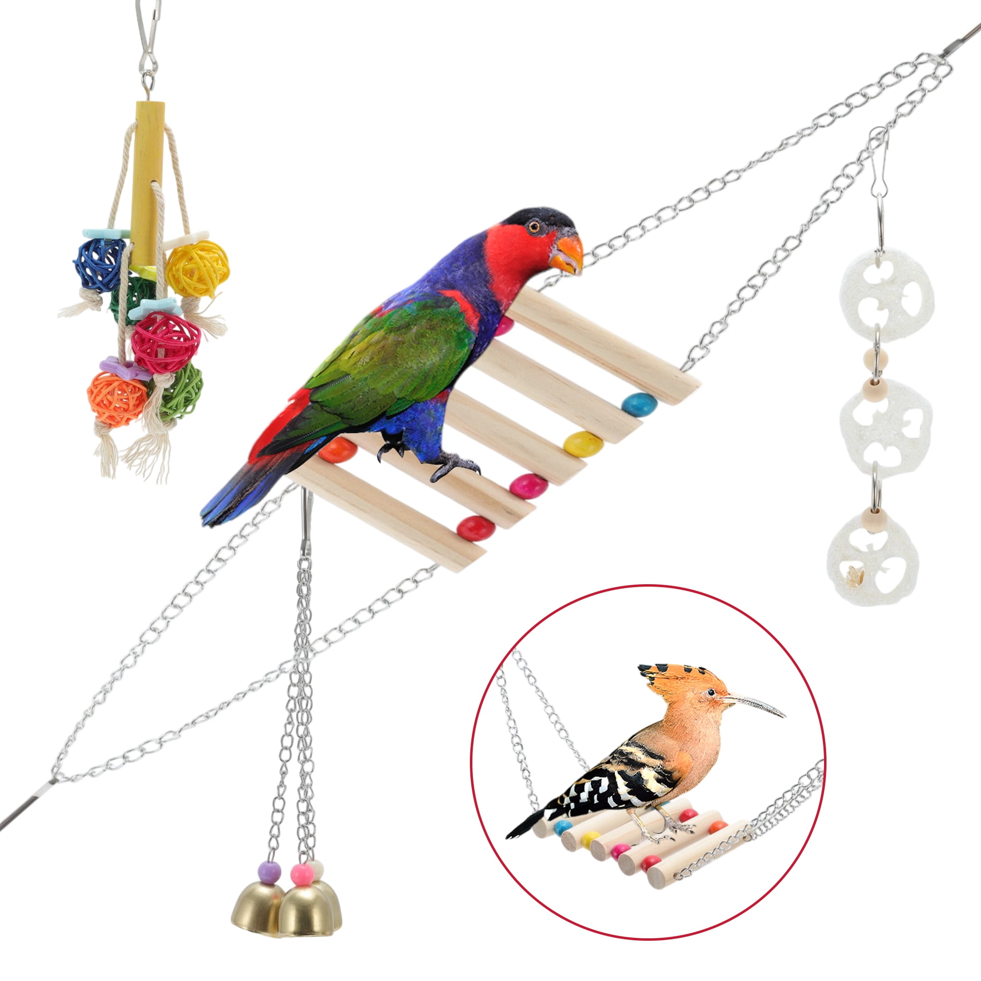 Unique Bargains Cockatiel Toys Bird Toys 6 Pcs Multifunctional Natural Coconut Hideaway with Ladder Swing Hanging Bell Toy Parrot Toys Bird Cage Accessories