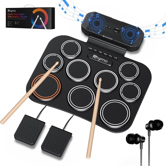Rhymo 9 Pad Electronic Drum Set for Adults Beginners, Roll-Up Potable Drum Set Kit with Headphone, Two Food Pedals, Drum Sticks, MIDI Practice Drum Pad