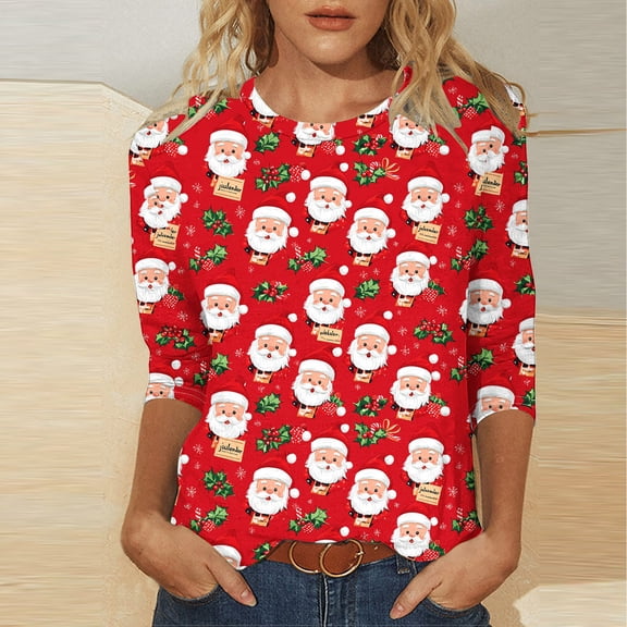 LEKWK Women Christmas Tunic Xmas Santa Crew Neck 3/4 Sleeve Tops Womens Festive Holiday Tops Tunic Holiday Top for Women