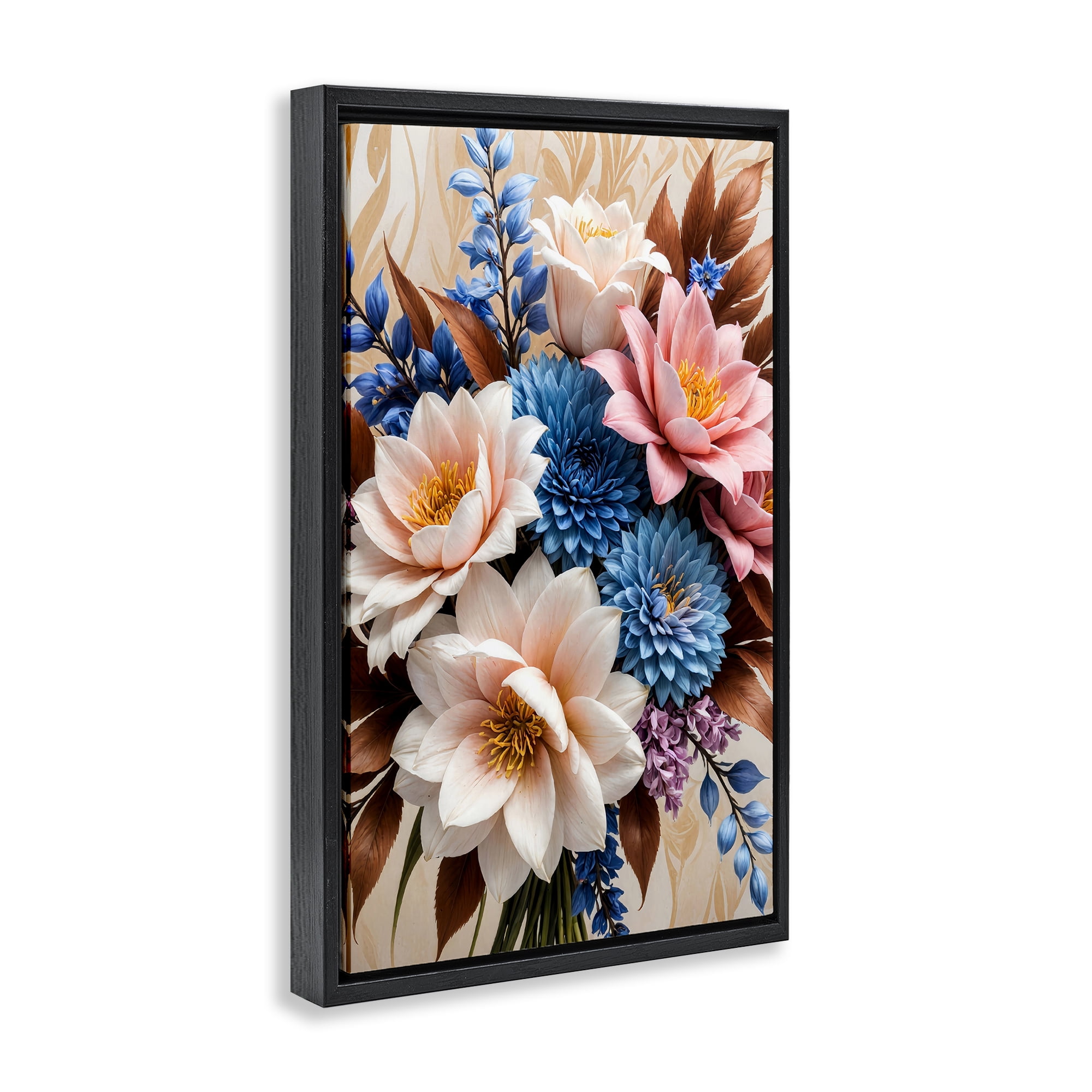 Stupell Industries Pink & Blue Mixed Bouquet Plants & Flowers Painting Black Floater Framed Canvas Art Print Wall Art, 21 x 31