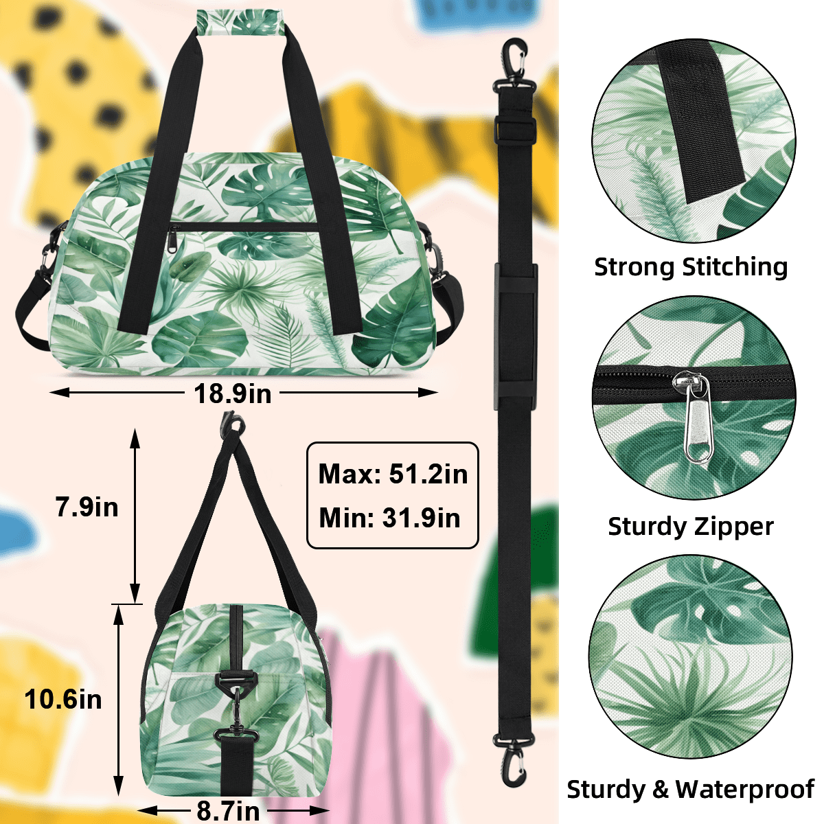 Herdesigns Green Leaves Sports Duffle Bag for Women & Men, Green Palm Monstera Leaf Gym Bag Dance Bag Overnight Bag Carry On Weekender Travel Bag