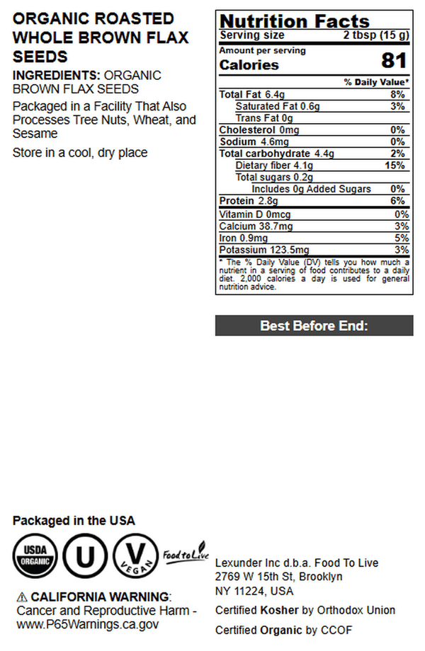 Organic Dry Roasted Whole Brown Flax Seeds, 2.5 Pounds – Non-GMO, Vegan, Kosher, Bulk – by Food to Live
