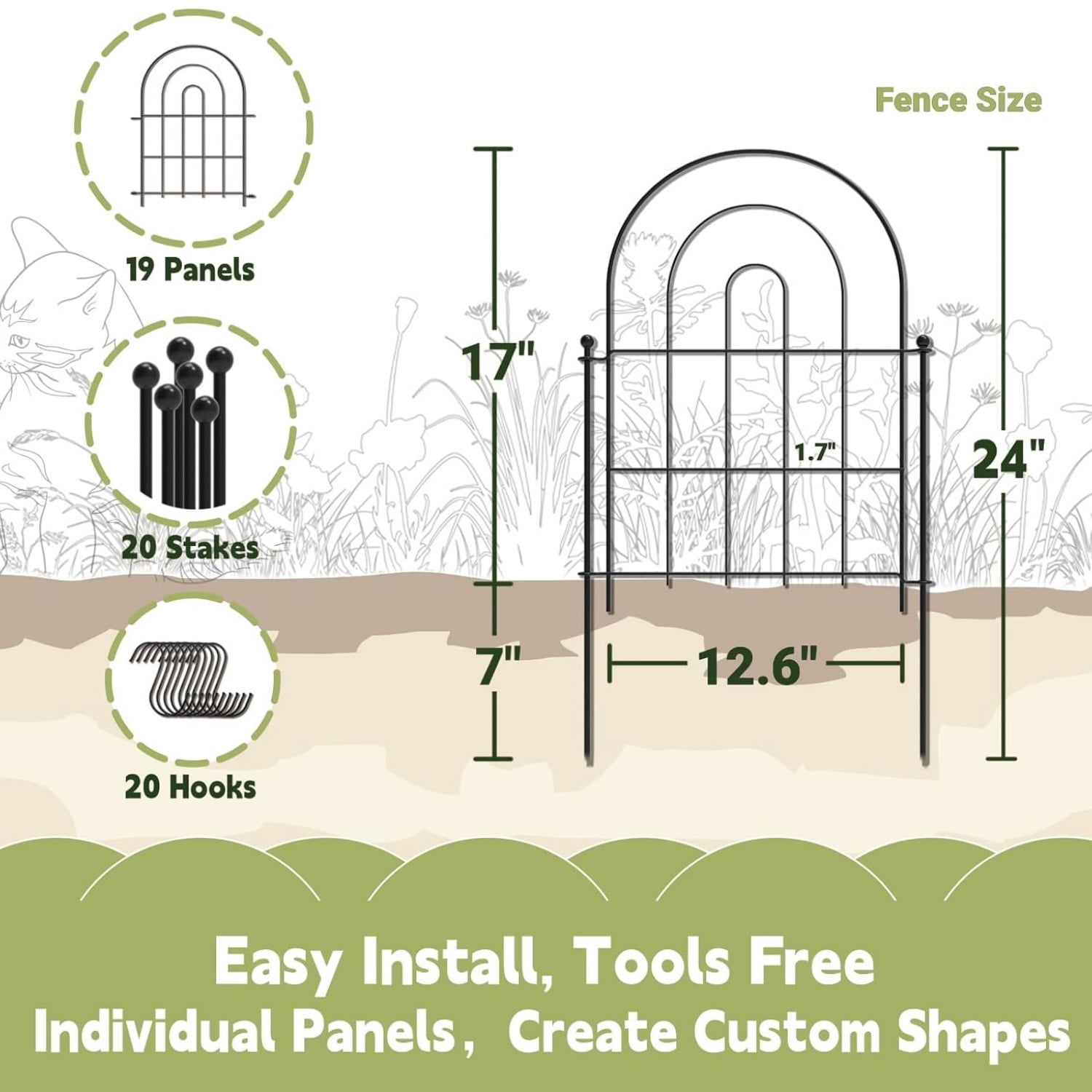 Garden Fence Panels, 17 in (High) x 20 ft (Long) Flower Bed Fencing for Small Animal Barrier, 19 Pcs Metal Decorative Fences Border with Hooks