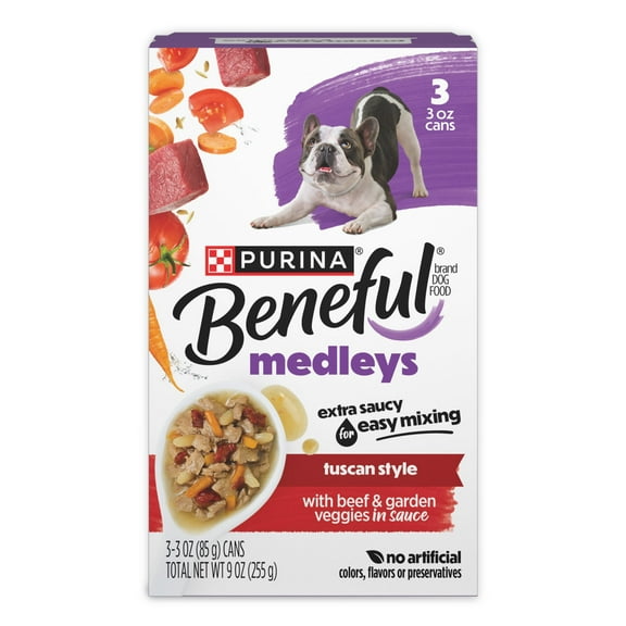 Purina Beneful Medleys Tuscan Style Wet Dog Food with Beef, Carrots, Tomatoes, and Rice in Dog Gravy, 3 oz Cans (3 Pack)