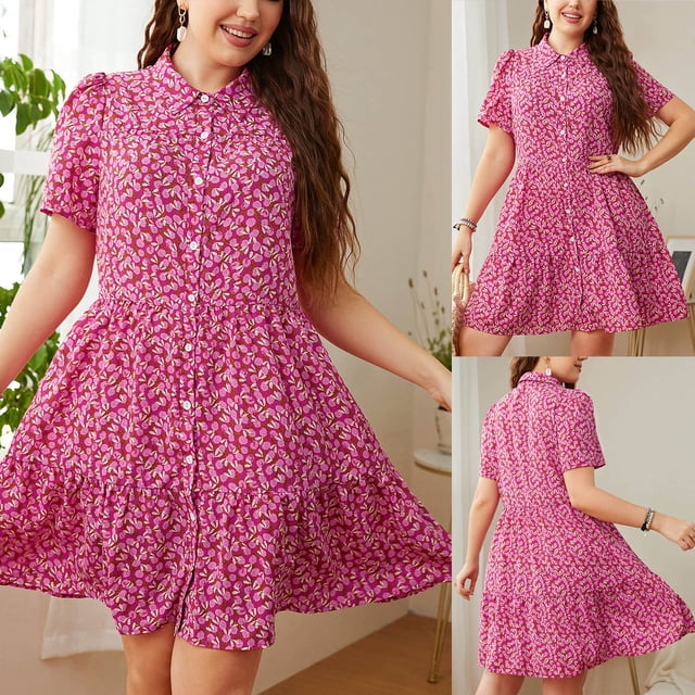 Robe à Manches Courtes pour Femmes Décontractée Aguichant Mode Été Manches Courtes Col Rabattu Longueur Genou Ample Imprimée Grande Taille Robe en Liquidation