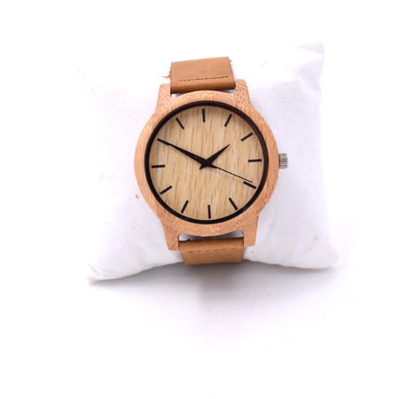 Wooden Watch with Leather Strap, Quartz Movement, and Round Dial - 45mm Diameter, 11mm Thickness, Stainless Steel Pin Buckle