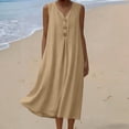 thumbnail image 5 of Lovzfmll Women's Decorative Button Linen Blend Pocket Shift Maxi Dress, Loose V Neck Sleeveless Casual Dress Khaki, M, 5 of 8