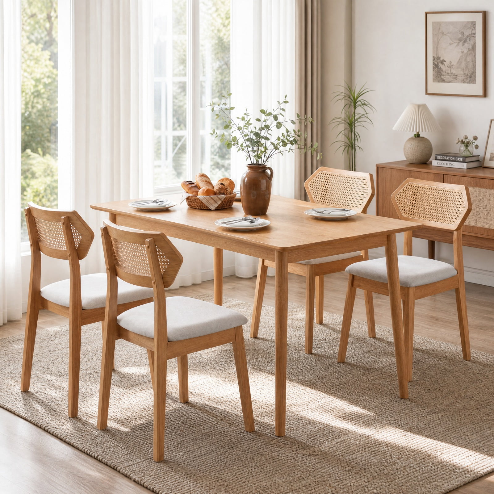 Furnibear Mid Century Rattan Dining Chairs Set of 2 with Woven Back and Solid Wood Frame for Kitchen and Dining Room Seating, Natural