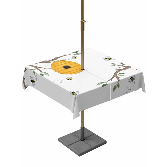 Outdoor Tablecloth with Umbrella Hole for Patio/Picnic/Party/Camping, Bees Branches Waterproof Table Cloth Square Cover Washable, Farmhouse Spring Botanical Watercolor (54"x 54")
