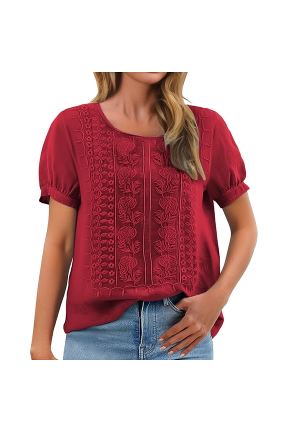 Women's Cotton Tops Cotton Button Down Graphic Shirt Floral Embroidered Boho Tops Embroidery Gauze T-shirt for Women Short Sleeve Gauze Tops Red L