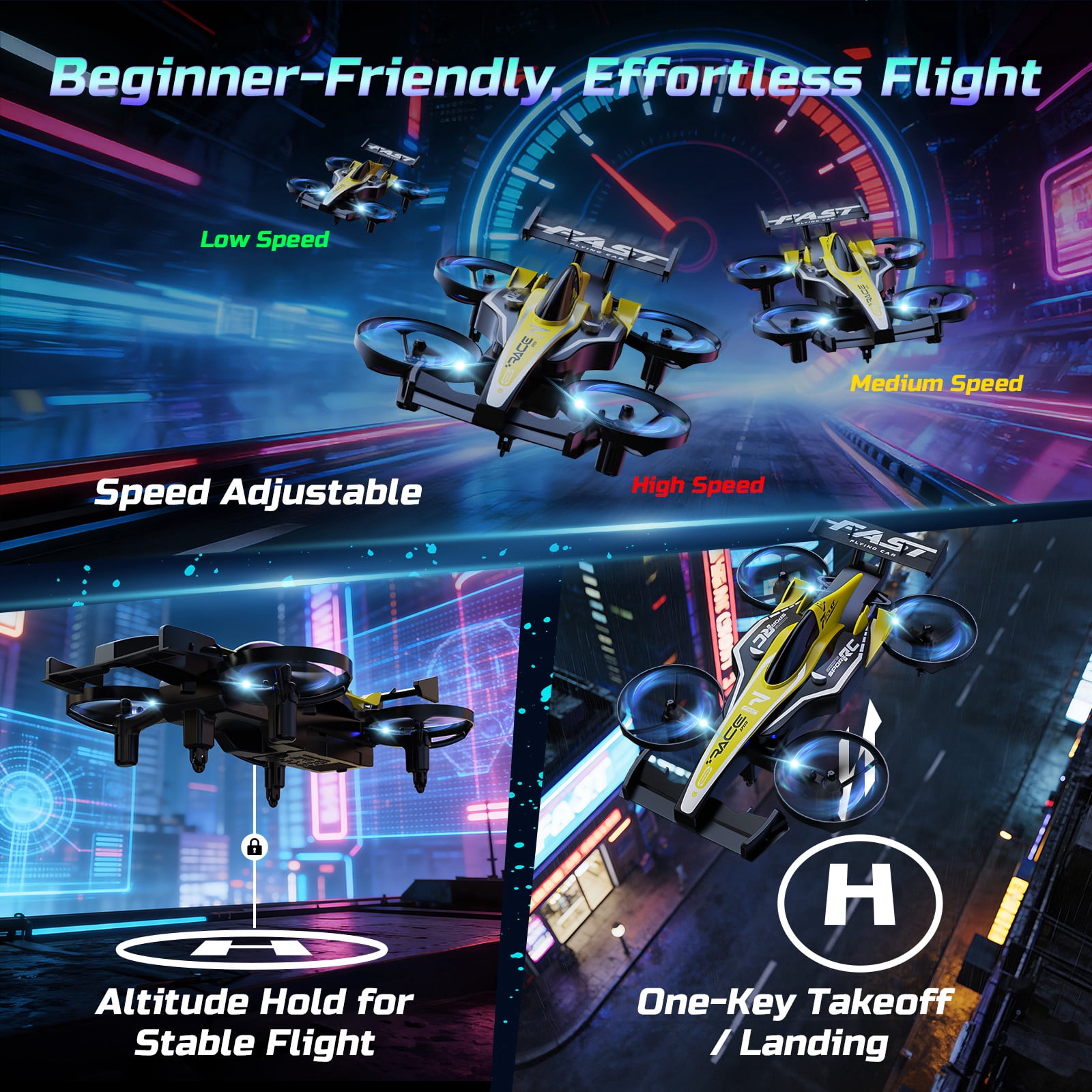 Drones for Kids, Wefone ZF24 2-in-1 Air and Land RC Vehicle, Remote Control Car, 3-Speed, 360°Flip, Headless Mode, Circle Fly, 2 Batteries, Yellow