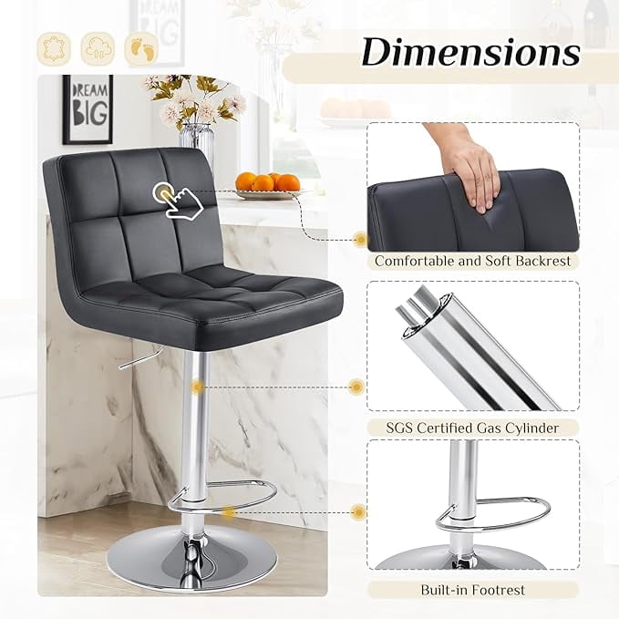 Sybels 2-Pack Adjustable Swivel Bar Stools, Armless PU Leather Counter Height Stools with Back，Black