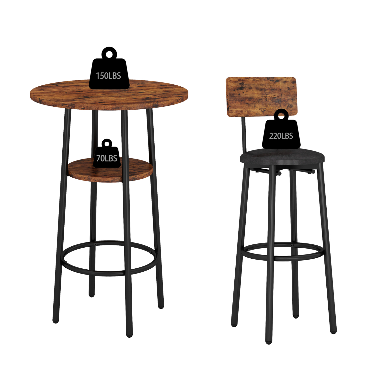 Clerance! Double Layer Round Bar Table with 2 Bar Stools PU Soft Seat Back Breakfast table