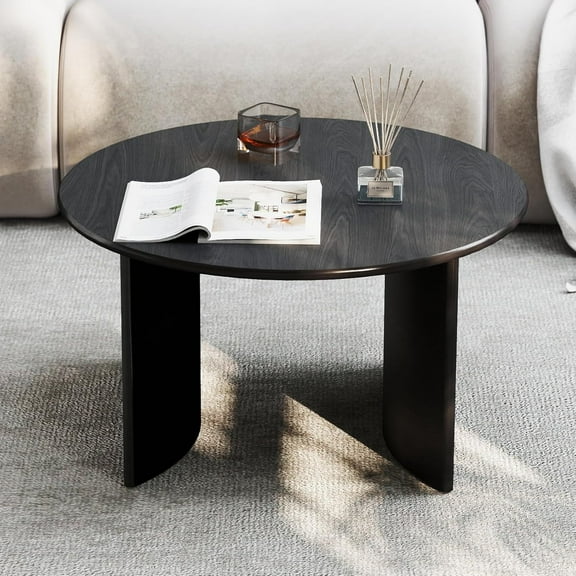 Wooden Round Coffee Table with Curved Base, 31.5’’ Modern Black Center Table, Tea Table for Apartment, Living Room, Small Space