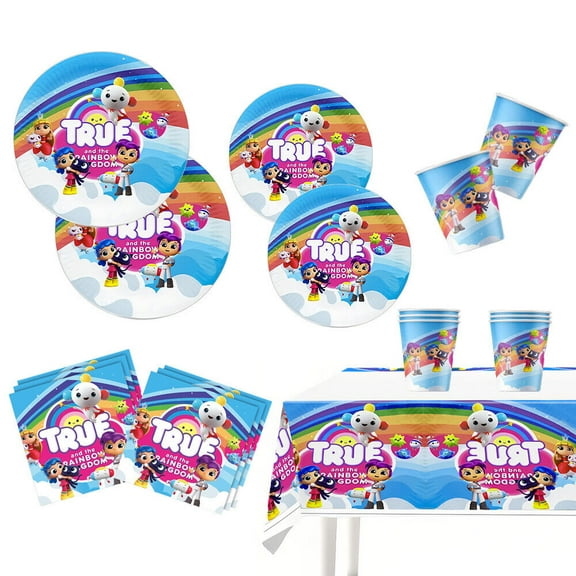 True and the Rainbow Kingdoms Party Decor Set Set Plates Cups Tablecloth Napkins