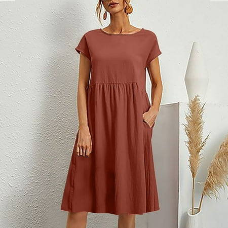

Jsaierl Cotton Linen Dresses Women Short Sleeve Summer Plus Size Maxi Dress Loose Fit Solid Color Crew Neck Dress Bohemian Soft Dresses 2023