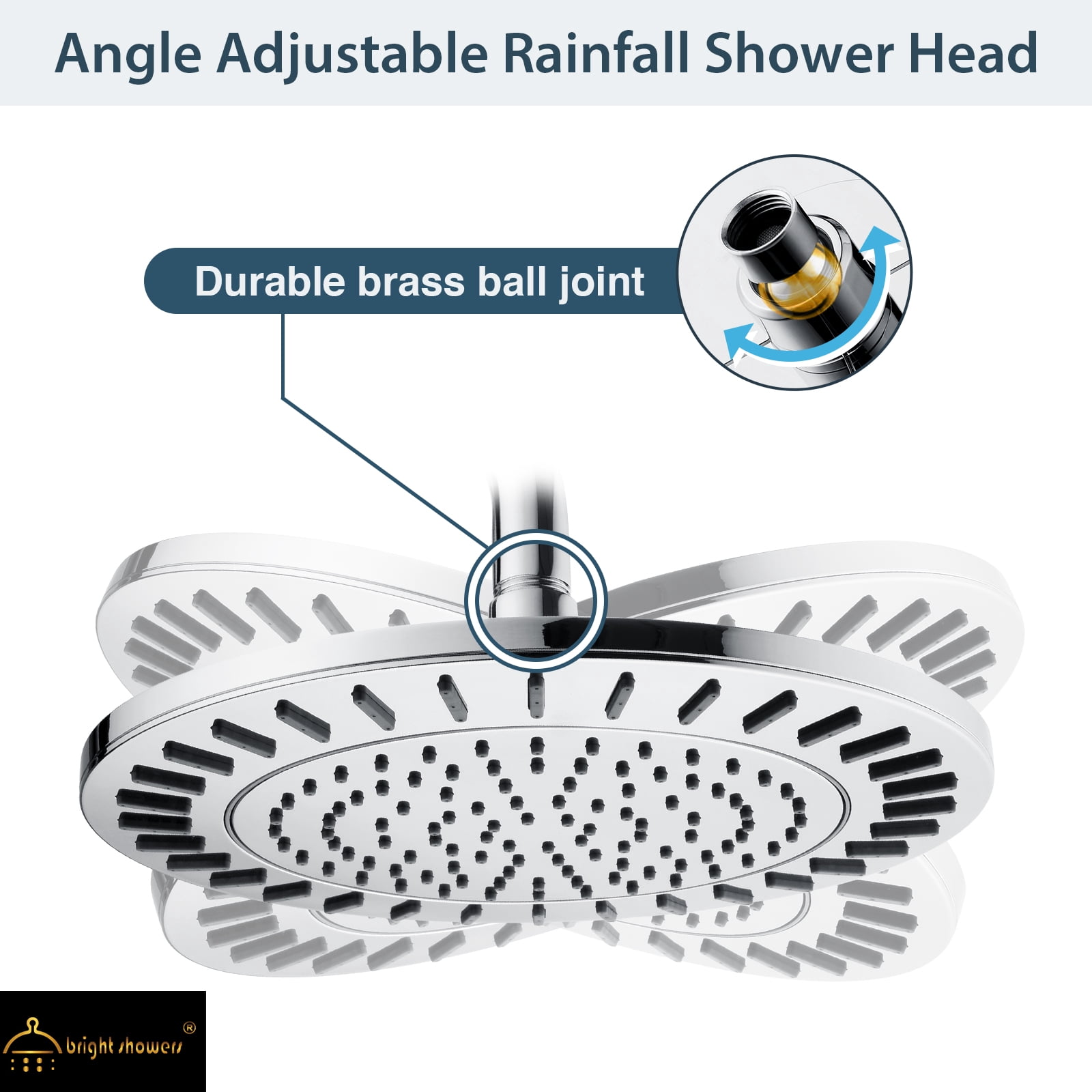 BRIGHT SHOWERS Rain Shower Head, 9 Inch High Pressure Waterfall Showerhead with Adjustable Angle and Anti-clogging Silicone Nozzles, Luxury Bathroom Overhead Rainfall Shower Head, Chrome