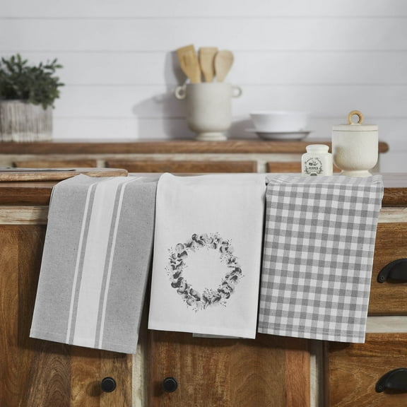 VHC Brands Kitchen Linens, Floral Tea Towel, Finders Keepers Collection, Spring Dish Towel Set of 3-28x19, Grey White Stripe Checkered Eucalyptus