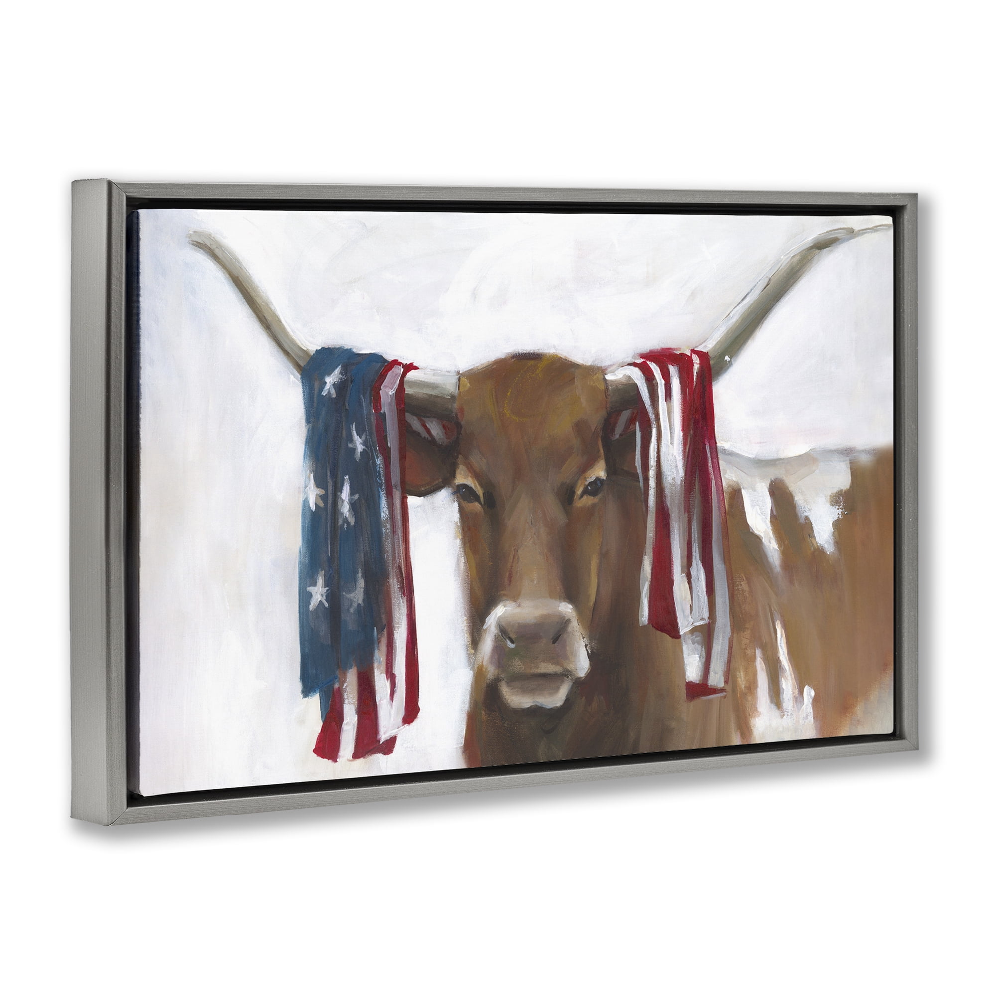 Stupell Industries Patriotic Longhorn with Flag Gray Framed Floater Canvas Wall Art, design by White Ladder
