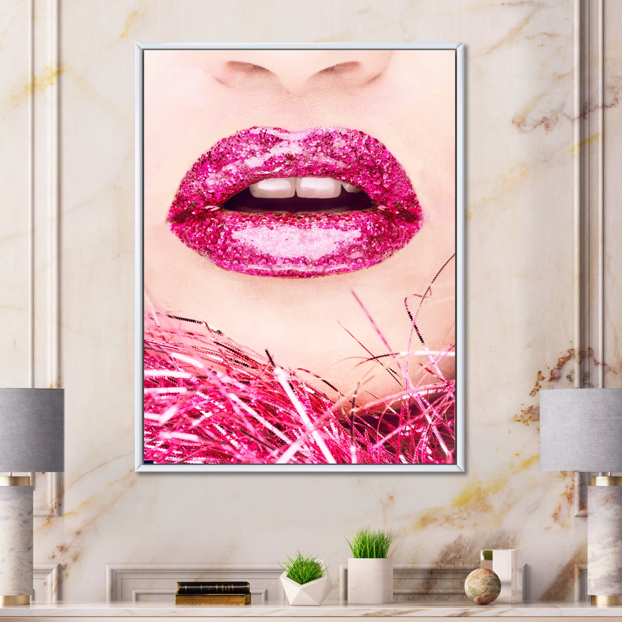Designart 'Close-Up Of Golden Female Lips II' Modern Framed Canvas Wall Art Print