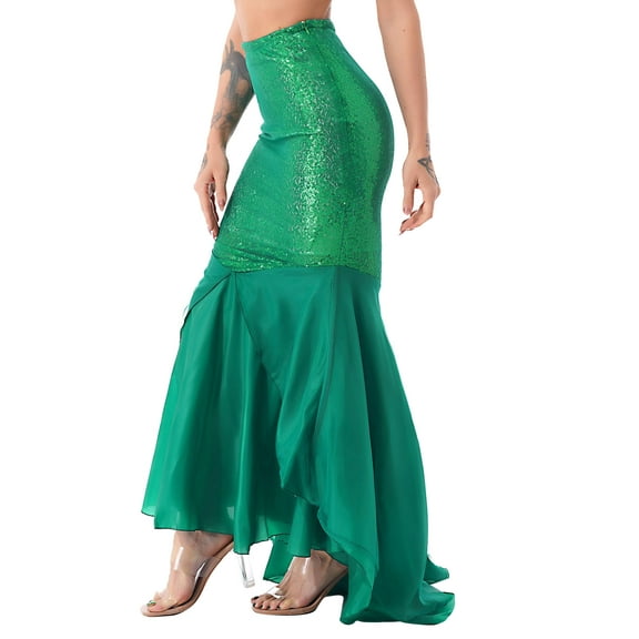 DPOIS  Women's Shiny Sequins Mermaid Tail Skirt Halloween Costume Green M