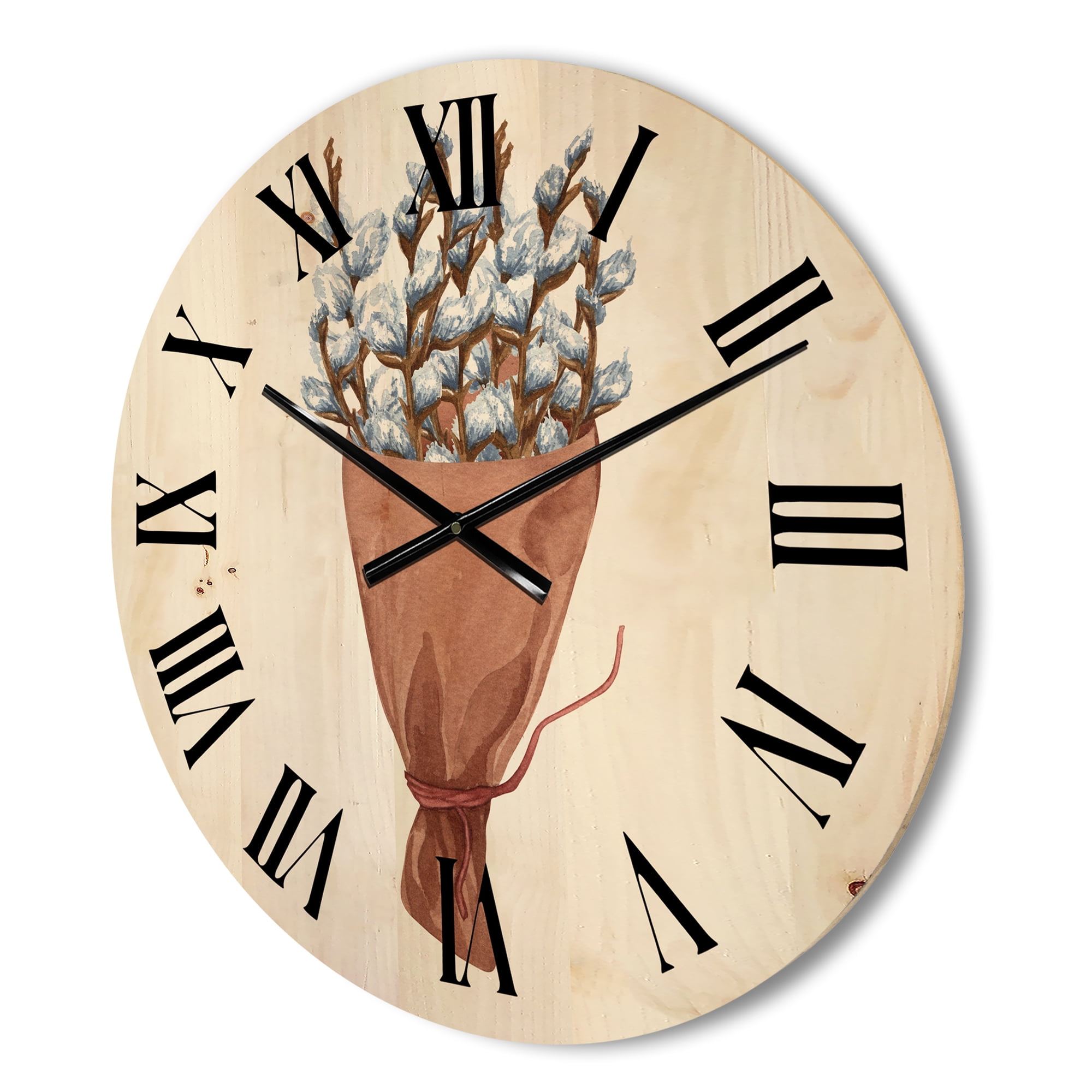 Designart 'Bunch of White Pussy Willow Twigs I' Farmhouse Wood Wall Clock