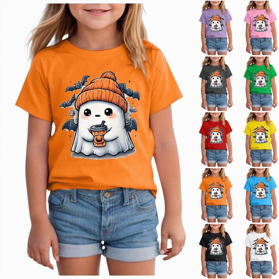 newwalpole Halloween Shirts for Toddler Baby Girl Boy Cute Ghost Graphic T-Shirts Short Sleeve Spooky Season Tee Tops Fall Outfit (Orange, 13-14 Years)