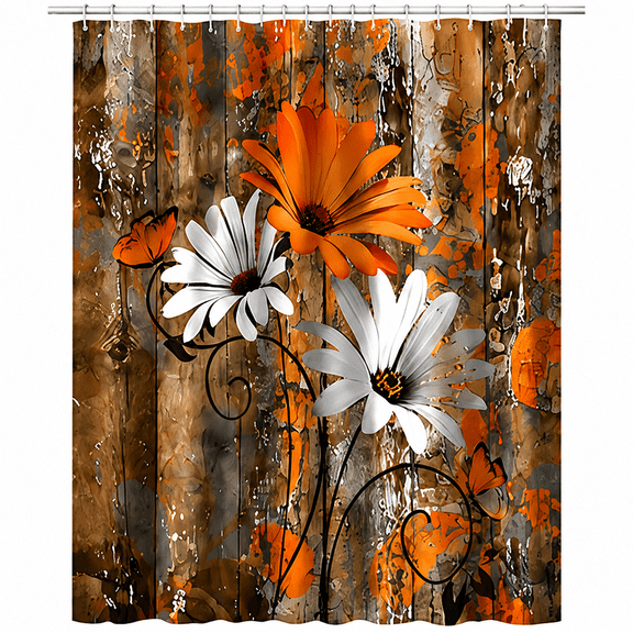 Rustic Farmhouse Shower Curtain, Orange White Daisy Flowers with Butterflies on Weathered Wooden Planks, Vintage Floral Waterproof Fabric Bathroom Curtain with Hooks, 69x75 Inches