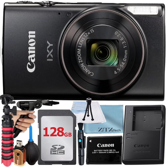 Canon PowerShot IXY 650 (ELPH 360) HS Digital Camera (Black) with 12x Optical Zoom Lens SanDisk 128GB Memory Card Tripod ZeeTech Basic Bundle (International Version)