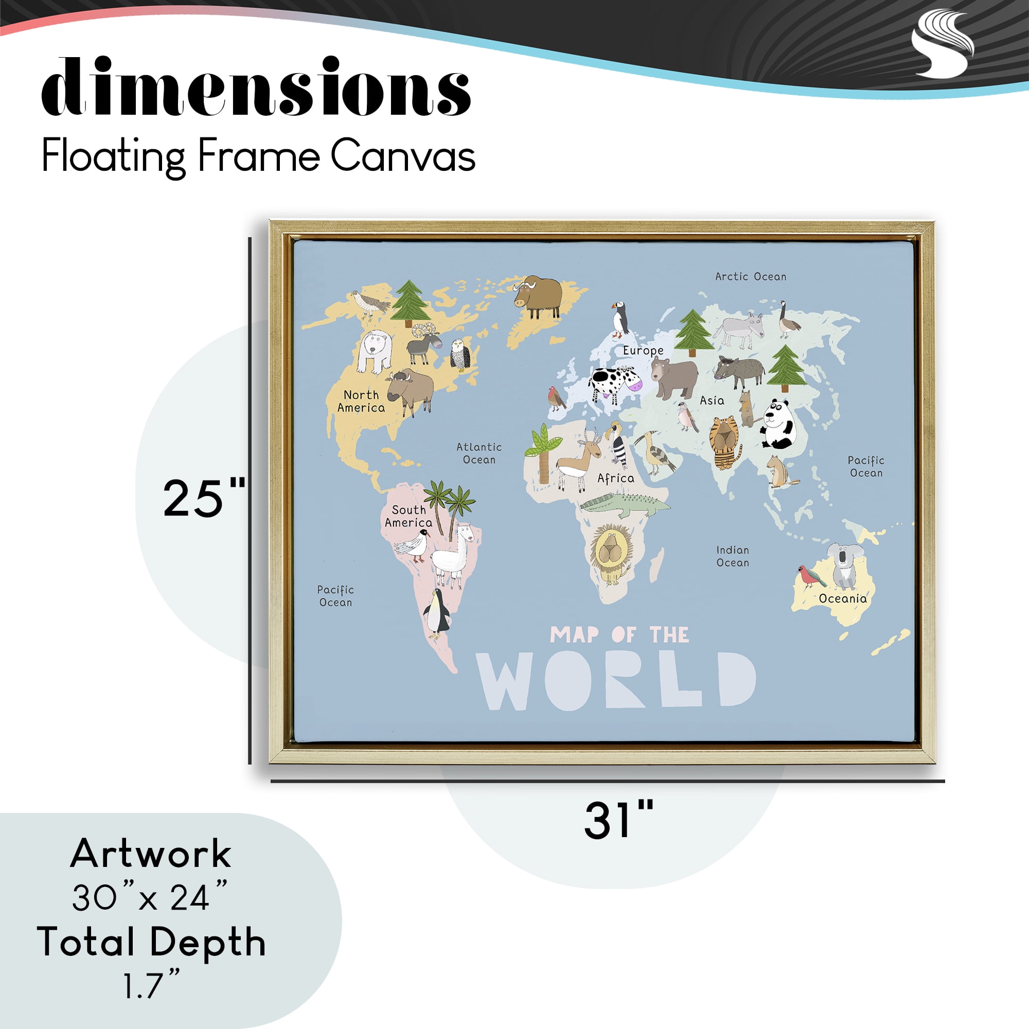 Kid's Map Of World Blue Gold Framed Floater Canvas Wall Art, design by Carla Daly