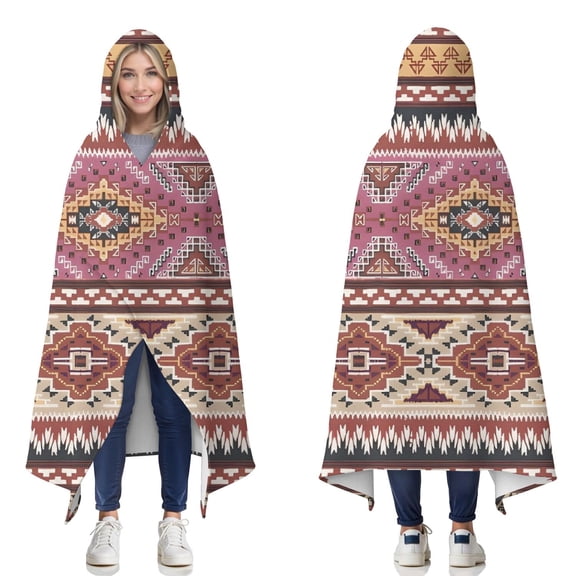 Wearable Blanket,Pink Boho Tribal Diamonds and Triangles Pattern Hooded Wearable Flannel Blanket for Adults & Teens,Winter Poncho Shawl Wrap Cape Cozy Anti-Pill,50"x60"
