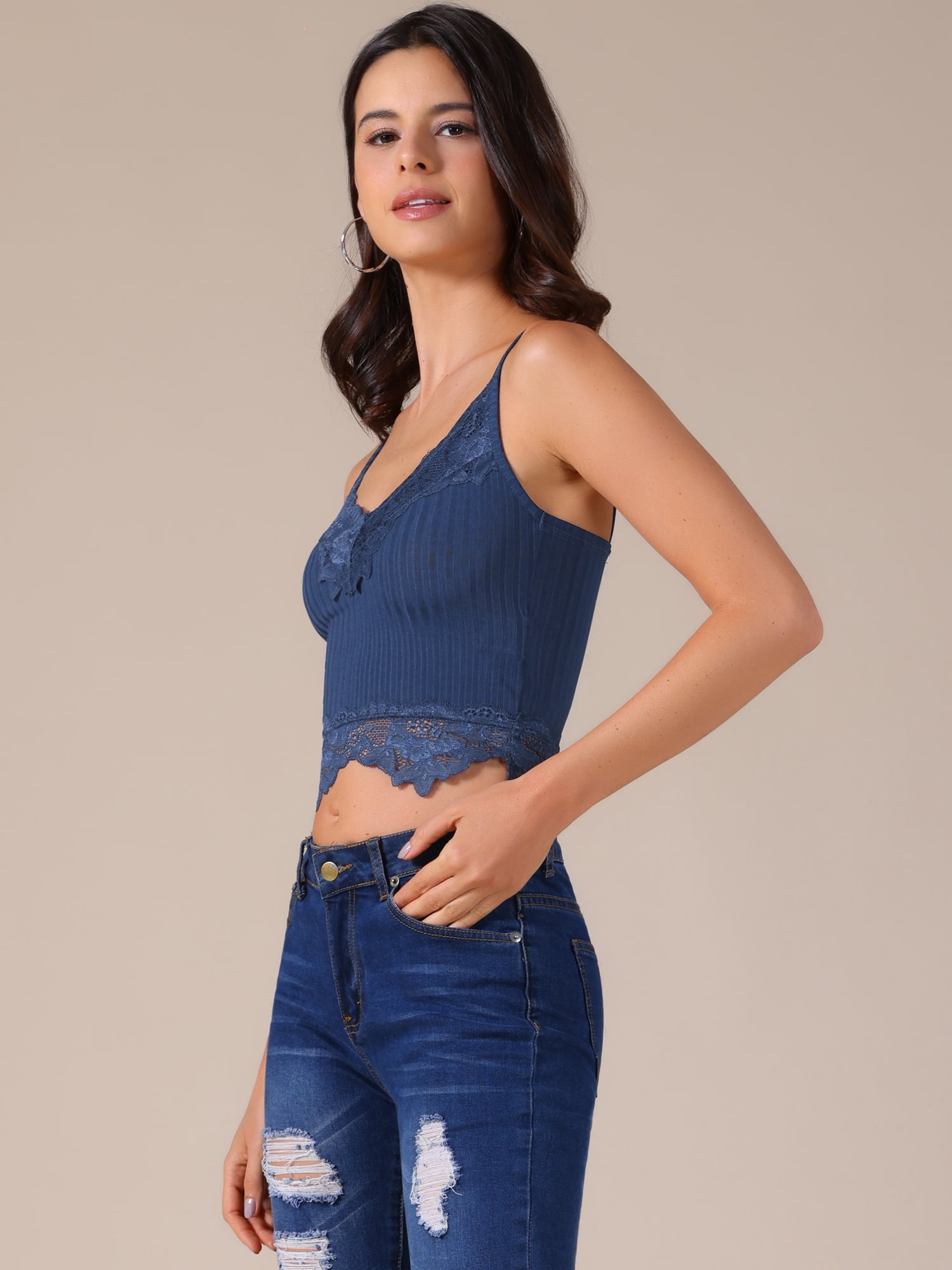 DARING DIVA Women's Lace Crop Lace Bralettes Y2k Patchwork Tank Top 2XL Dark Blue