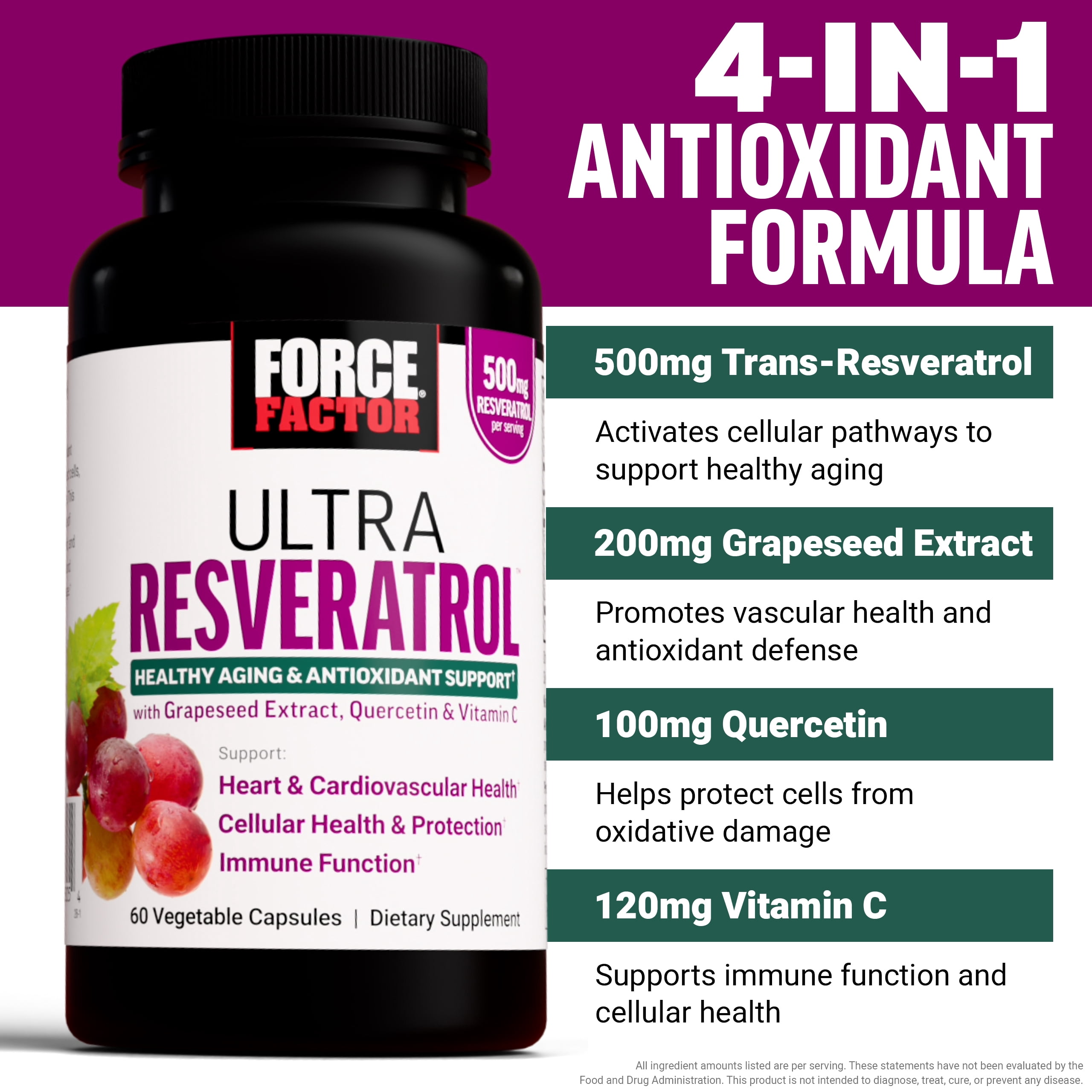Force Factor Ultra Resveratrol, 500mg Trans-Resveratrol with Grapeseed Extract, Quercetin & Vitamin C, Antioxidant Supplement for Healthy Aging & Cellular Protection, 60 Capsules
