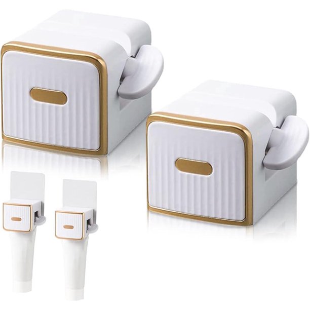 Paquete de 2 exprimidores de pasta de dientes (blancos), dispensador de pasta de dientes montado en la pared, soporte para pasta de dientes para baño, limpiador con clip para pasta de dientes, crema