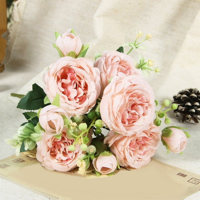 Ramo de Peonías Artificiales de Seda | Flores Artificiales Realistas para Centros de Mesa de Boda y Decoración Del Hogar | Ramo de Novia de 30 X 23 Cm En Blanco, Rosa, Azul, Amarillo y Verde