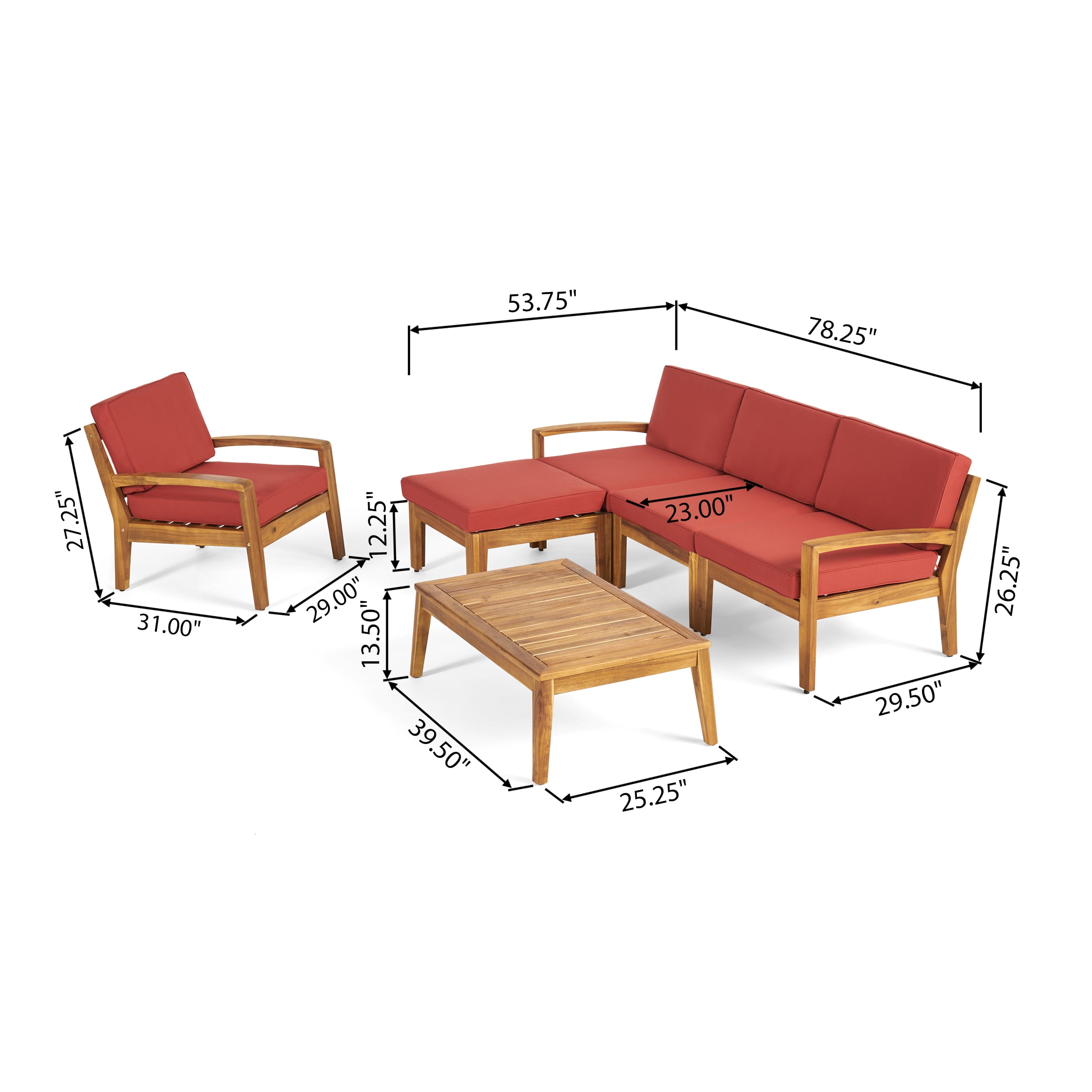 Wilcox Outdoor 6 Piece Acacia Wood Sectional Sofa Set with Cushions, Teak, Red