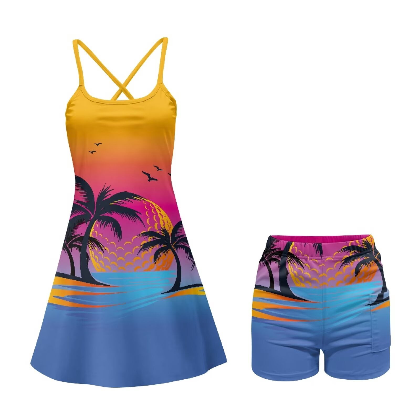 Yuyamidu Coconut Tree Tennis Golf Dresses Built-in Shorts for Women Size S, Golf Ball Backless Active Dress Slim Fit Cross Open Back Athletic Dress
