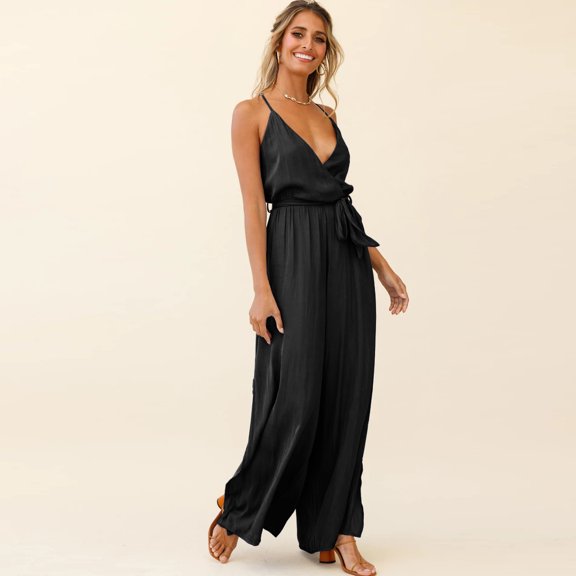 Pants for Women Wide Leg Pants Strap V-Neck Sling Halter Jumpsuit Sexy Women's Slit Trousers