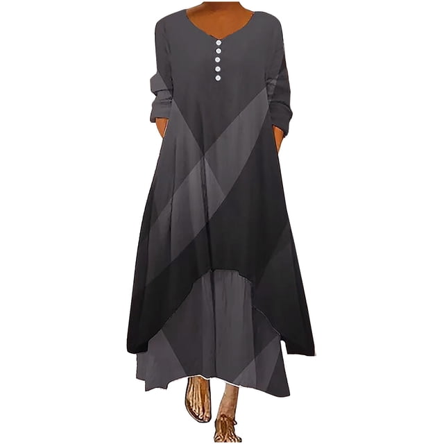 Pompotops Robe Longue Décontractée à Manches Longues et Col Rond pour Femmes avec Boutons et Poches en Solde